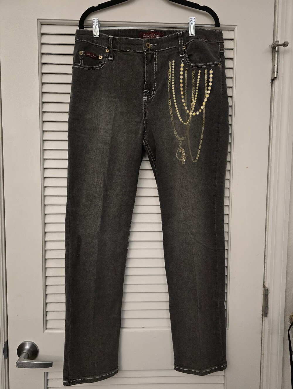 Baby Phat Vintage Y2K Gray Straight-Leg Jeans with Gold Chain Print Size 18 XL